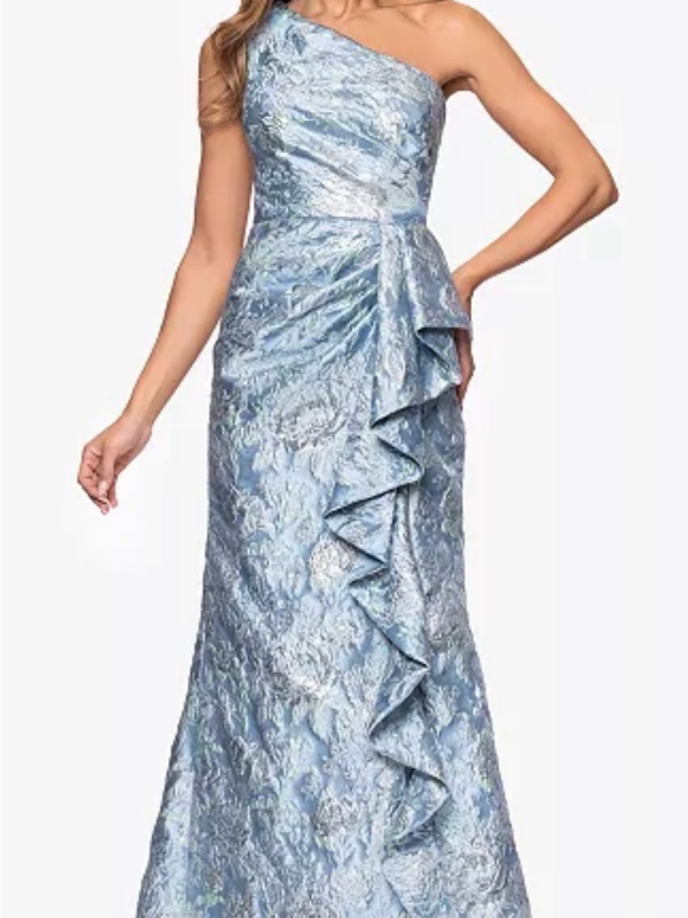 Xscape One-Shoulder Light Blue Jacquard Evening Gown